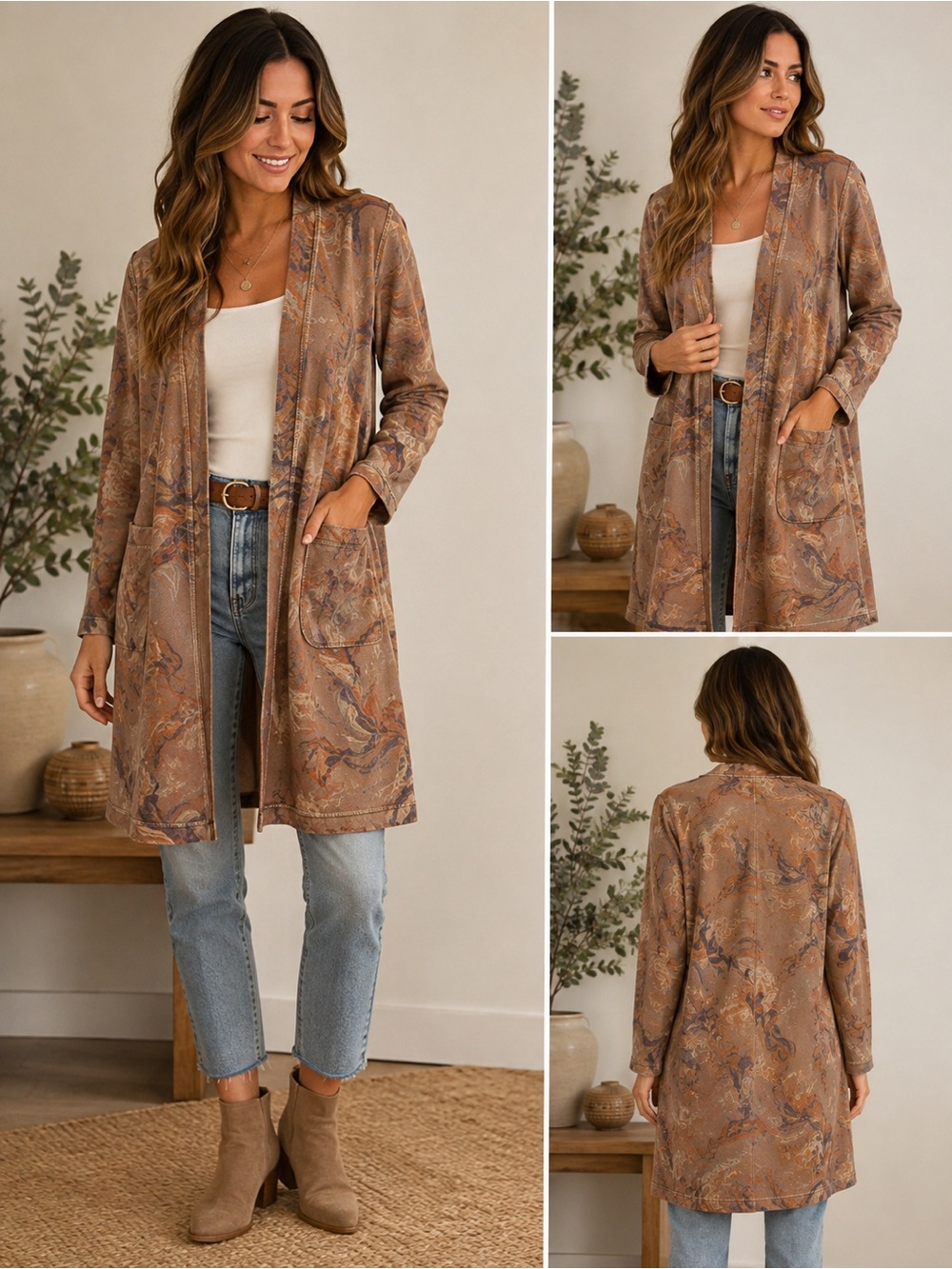 Solitaire Beige Floral Open-Front Long Coat-NWOT